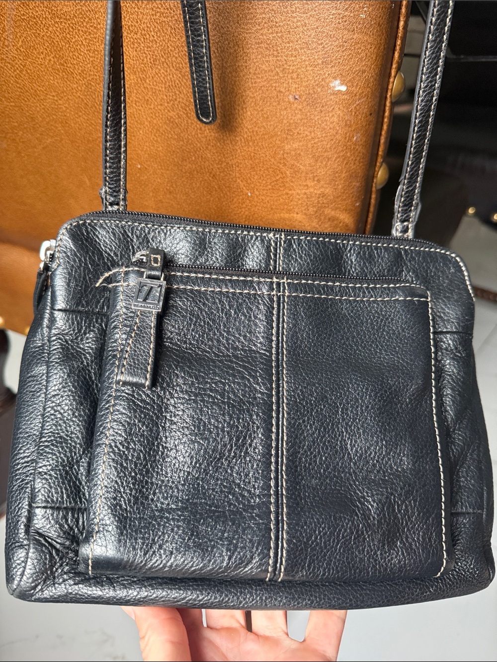 Black Leather Tignanello Crossbody Bag with Contrast Stitching